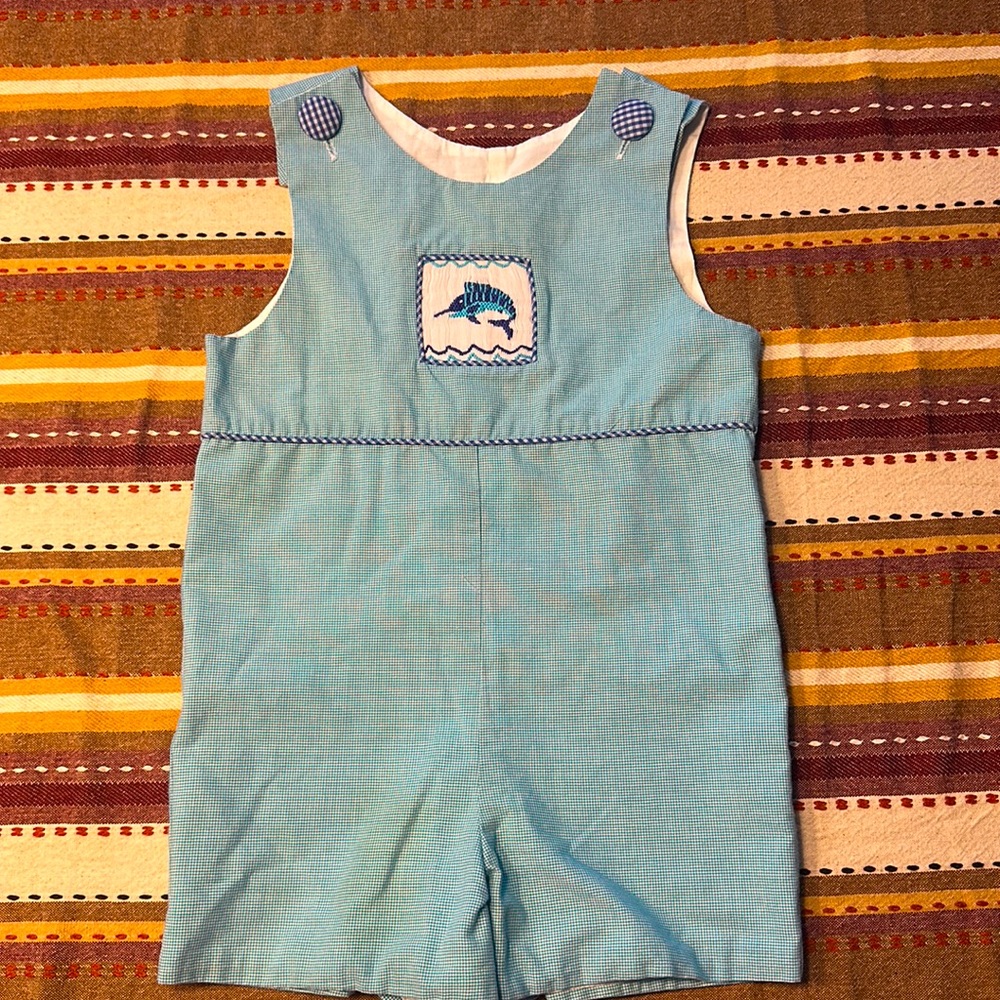 Boys blue seersucker smoked fish shortall.